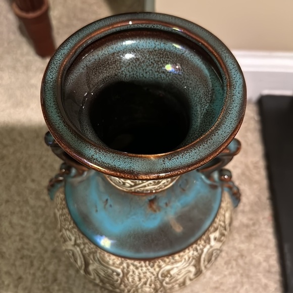 Art Pottery Asian Inspired Drip Glaze Ceramic Handled Vase with Dragon Motif - Picture 4 of 13